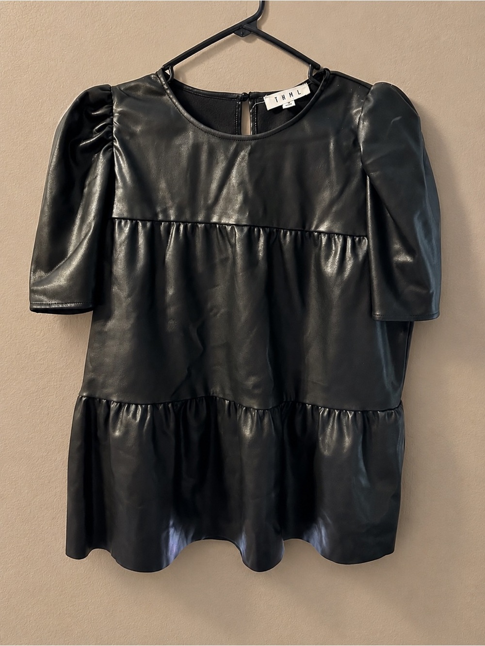 THML Black Faux Leather Puff-Sleeve Tunic